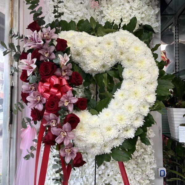 White Standing Open Heart Spray with roses and lily break