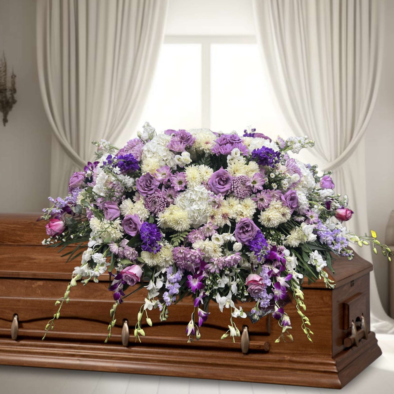 Half Casket spray lavender and white