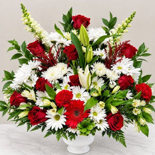 Red and White Urn Arrangement