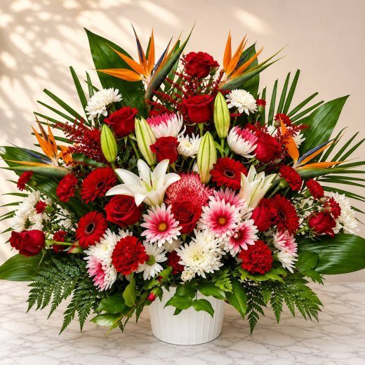 Red, white and bird of paradise standing basket